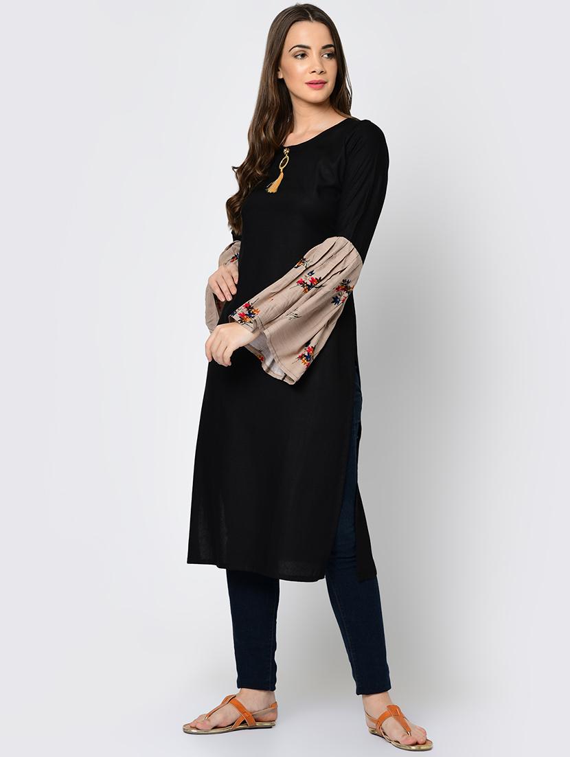 bell sleeve solid contrast kurta - 16641596 - Zoom Image - 3