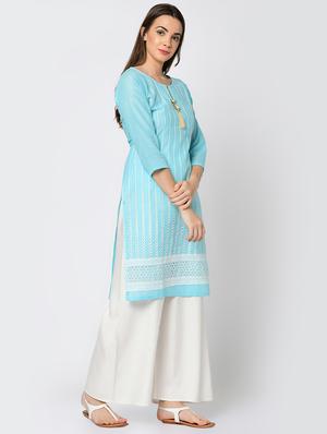 schiffli straight kurta - 16641598 - Standard Image - 3
