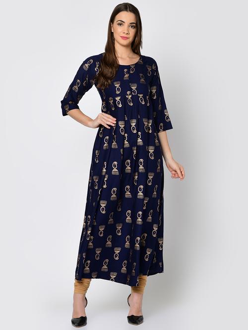 foil print a-line pleated kurta - 16641610 - Standard Image - 1