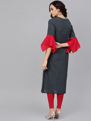 contrast bell sleeved straight kurta - 16641618 - Standard Image - 3
