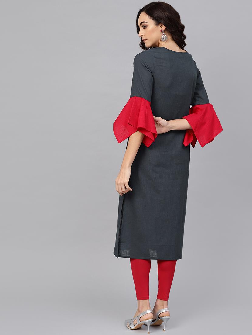 contrast bell sleeved straight kurta - 16641618 - Zoom Image - 3