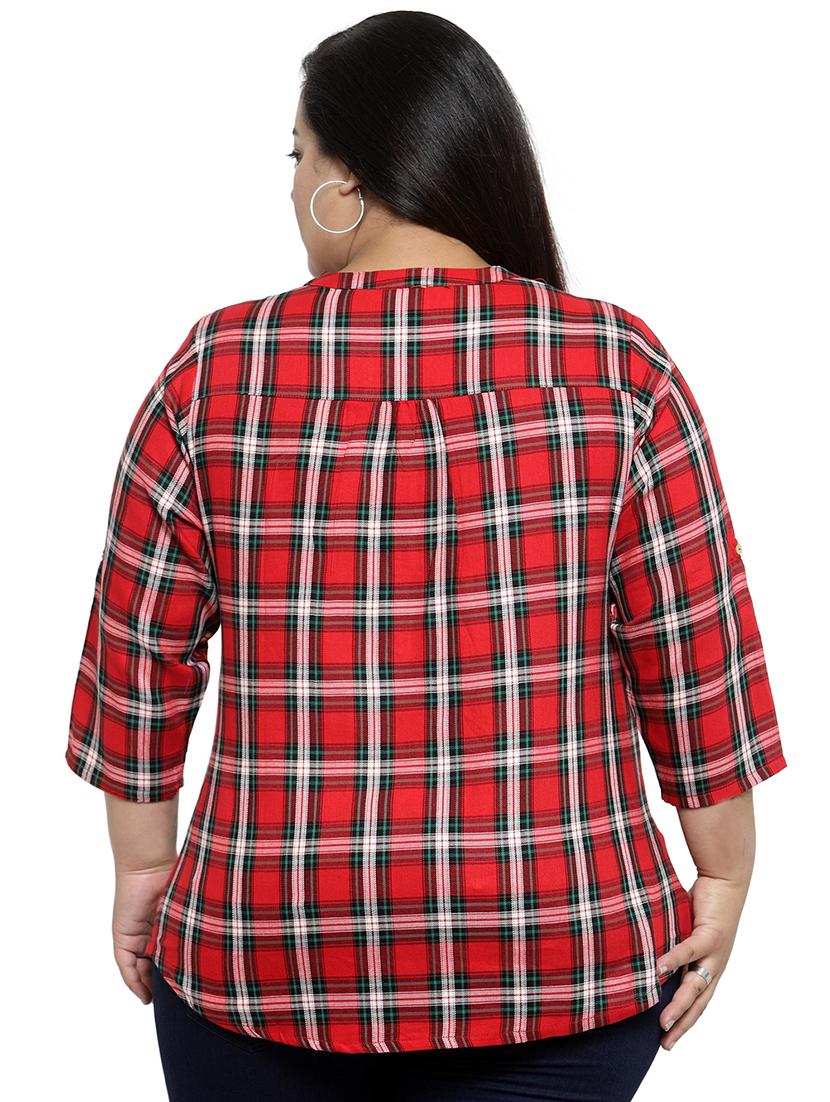 mandarin neck checkered plus top - 16642836 - Zoom Image - 3