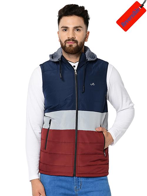 navy blue color block reversible quilted jacket - 16645382 - Standard Image - 1