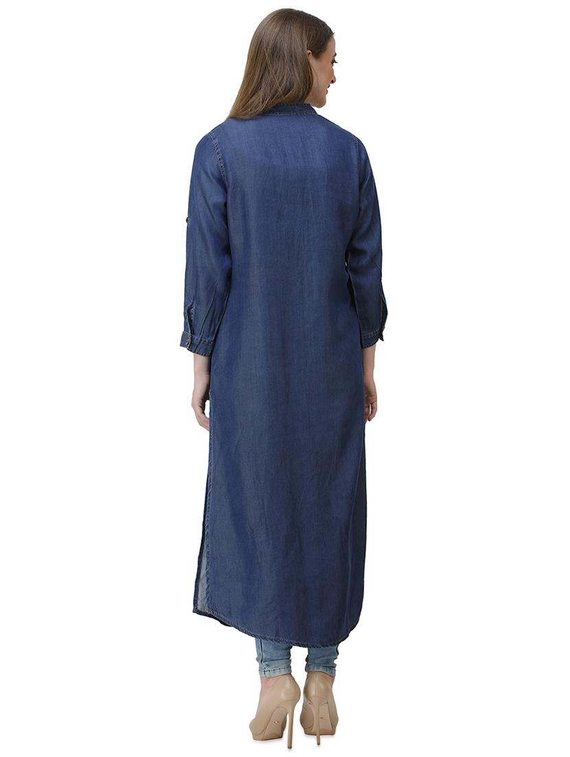 denim solid straight kurta - 16650768 - Zoom Image - 3