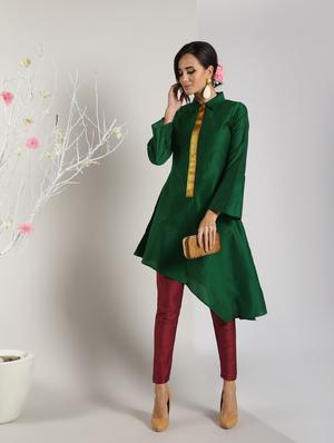 bottle green silk asymmetric kurta - 16651270 - Standard Image - 3