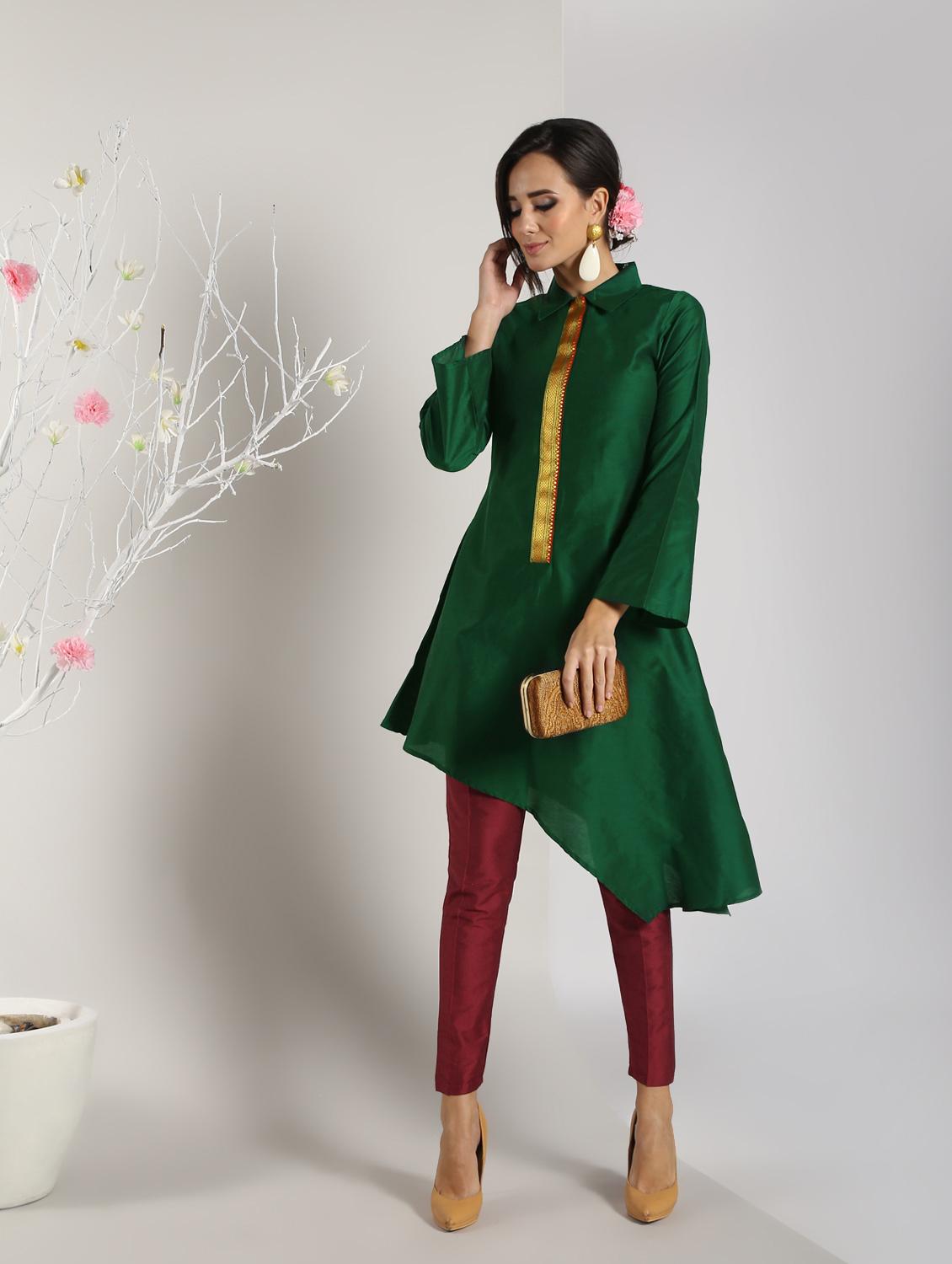 bottle green silk asymmetric kurta - 16651270 - Zoom Image - 3