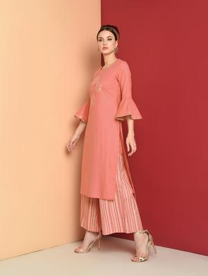 embroidered kurta with stripes palazzo set - 16657902 - Standard Image - 3