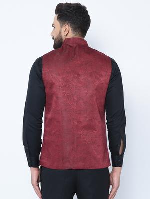red silk blend self design nehru jacket - 16657994 - Standard Image - 3