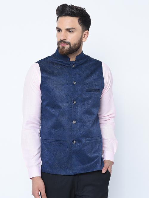 blue silk blend self design nehru jacket - 16657995 - Very Small Image - 1