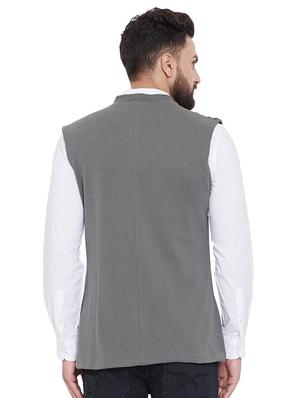 grey self design double breasted nehru jacket - 16659373 - Standard Image - 3