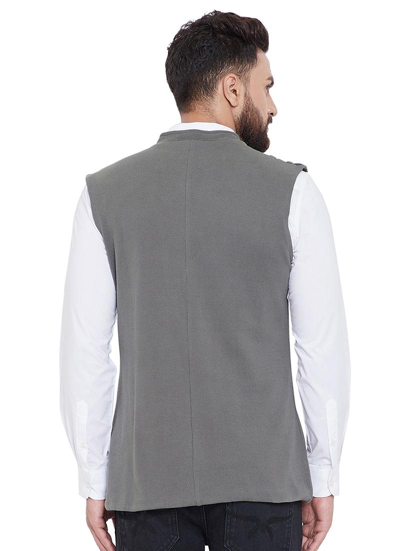 grey self design double breasted nehru jacket - 16659373 - Zoom Image - 3