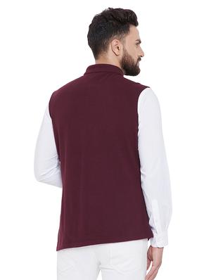 maroon solid nehru jacket - 16659380 - Standard Image - 3