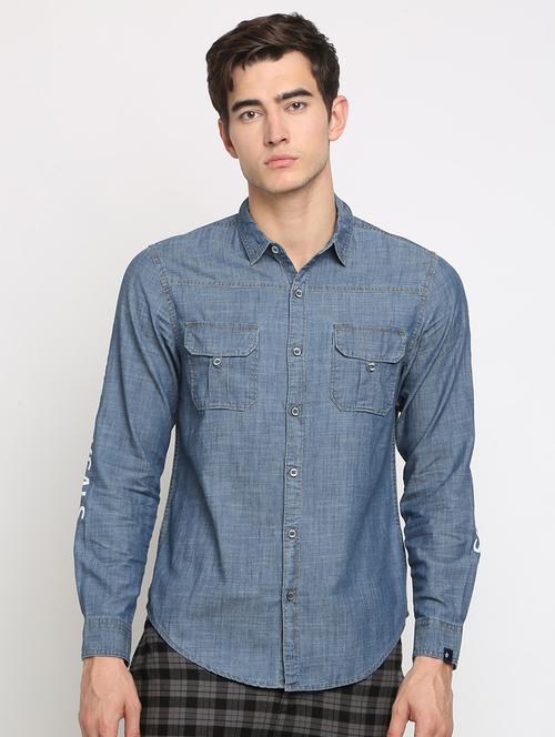 blue printed denim casual shirt - 16661428 - Standard Image - 1