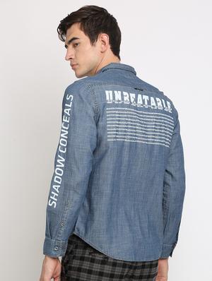 blue printed denim casual shirt - 16661428 - Standard Image - 3