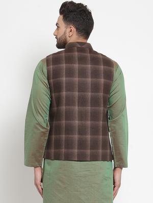 brown checkered nehru jacket - 16665954 - Standard Image - 3