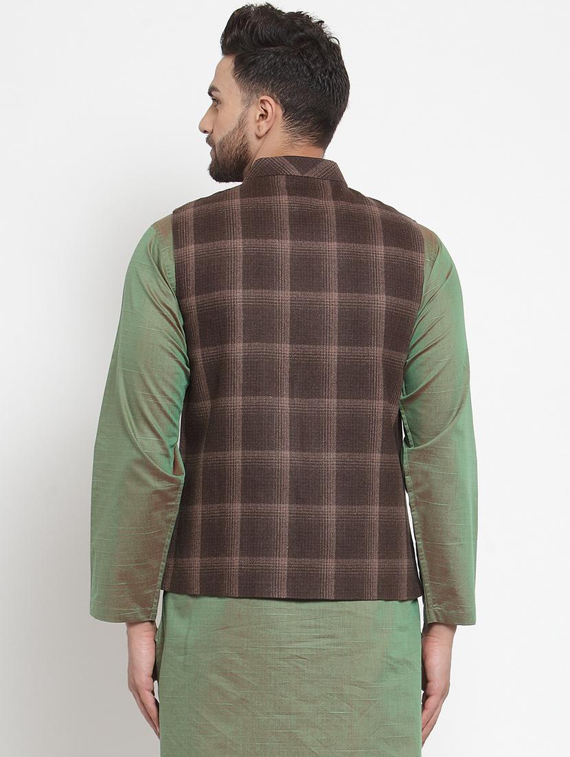 brown checkered nehru jacket - 16665954 - Zoom Image - 3