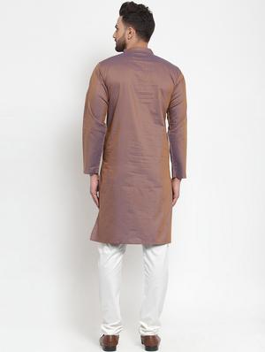 brown solid long kurta with embroidered neckline - 16665958 - Standard Image - 3