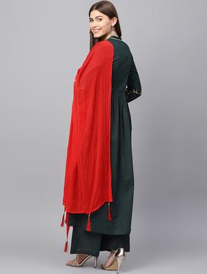embroidered solid kurta with palazzo set - 16667077 - Standard Image - 3