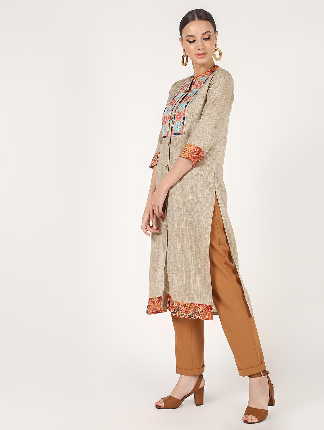 yoke embroidered straight kurta - 16667179 - Zoom Image - 3