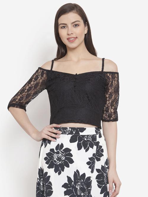 cold shoulder floral laced crop top - 16672500 - Standard Image - 1