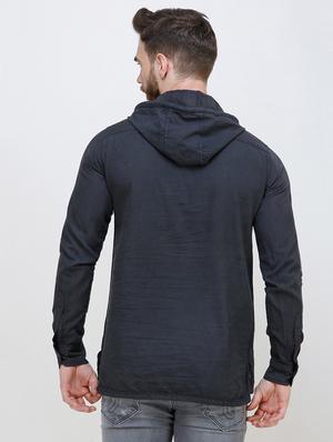 grey solid denim casual hooded shirt - 16672999 - Standard Image - 3