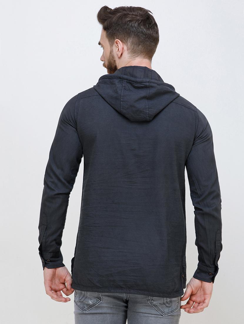 grey solid denim casual hooded shirt - 16672999 - Zoom Image - 3