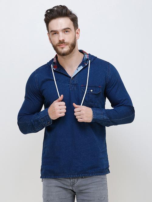 blue solid denim casual hooded shirt - 16673000 - Standard Image - 1