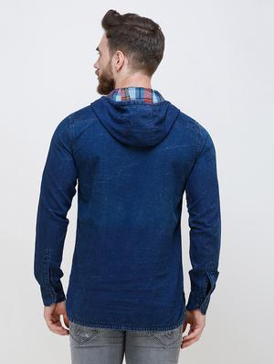 blue solid denim casual hooded shirt - 16673000 - Standard Image - 3