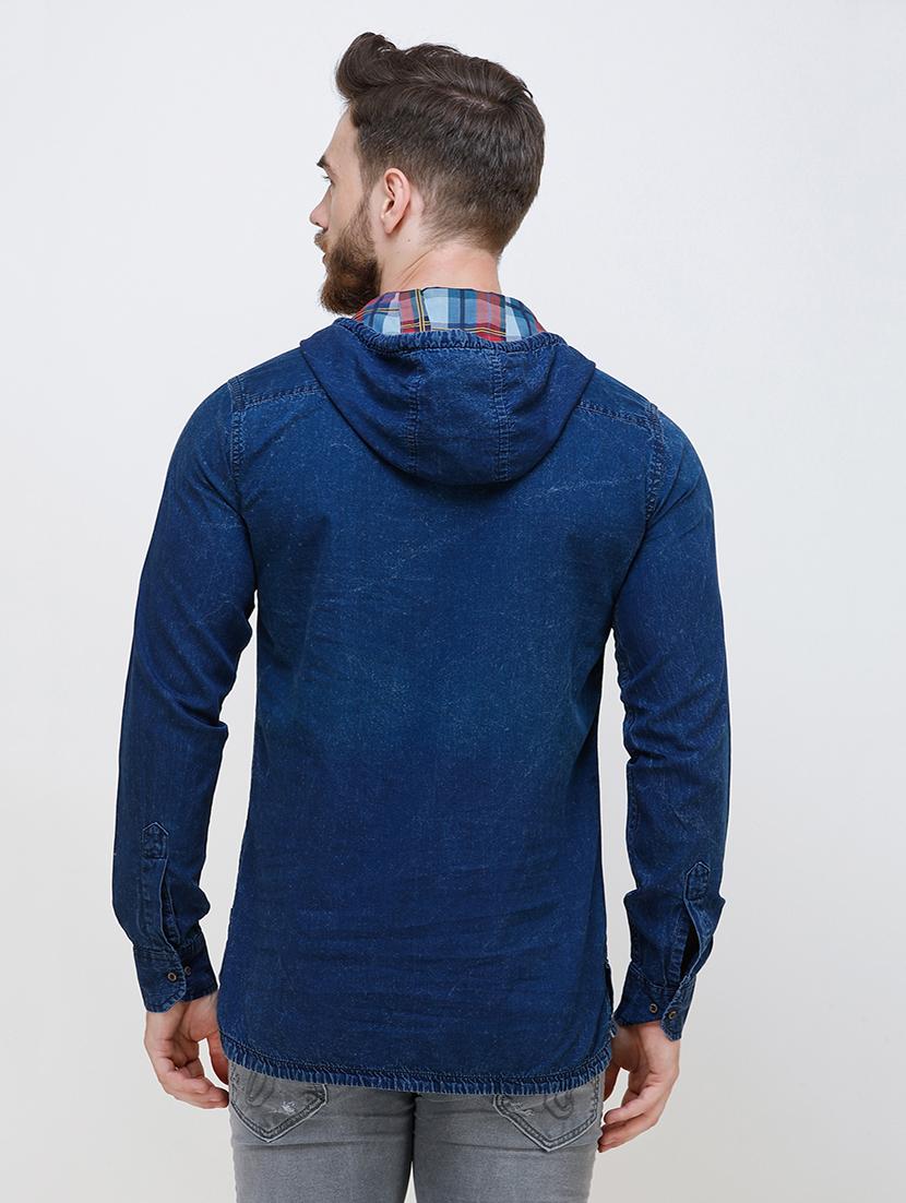 blue solid denim casual hooded shirt - 16673000 - Zoom Image - 3
