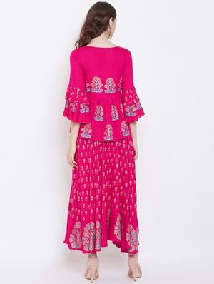 fuchsia block printed skirt with bell sleeves top set - 16674450 - Standard Image - 3