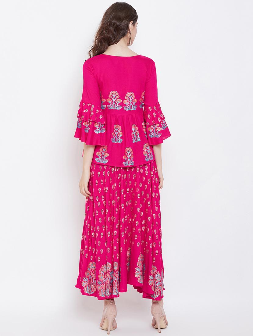 fuchsia block printed skirt with bell sleeves top set - 16674450 - Zoom Image - 3