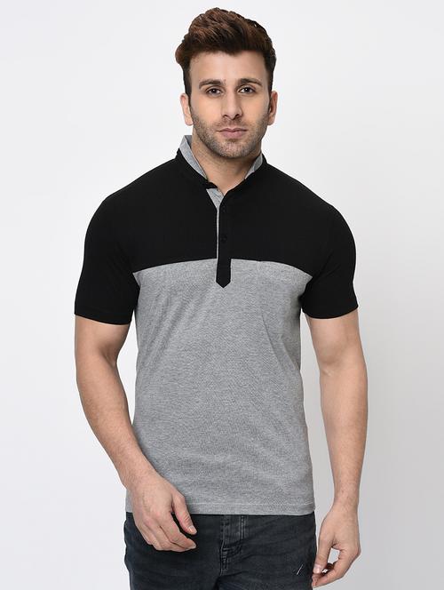 grey color block cut & sew collared t-shirt - 16674874 - Standard Image - 1