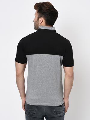 grey color block cut & sew collared t-shirt - 16674874 - Standard Image - 3