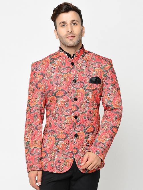 orange paisley printed bandhgala blazer - 16675090 - Standard Image - 1