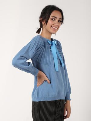 tie up neck solid wool pullover - 16680304 - Standard Image - 3