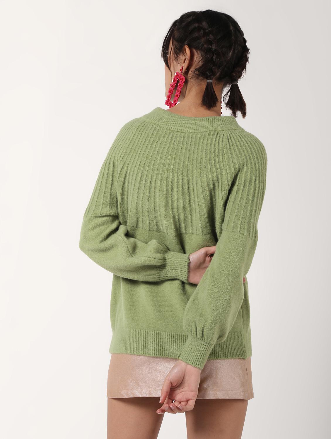 tie up neck ribbed detail wool pullover - 16680316 - Zoom Image - 3