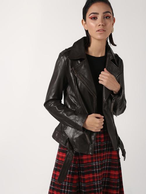 pocket detail long sleeved leather jacket - 16682484 - Standard Image - 1
