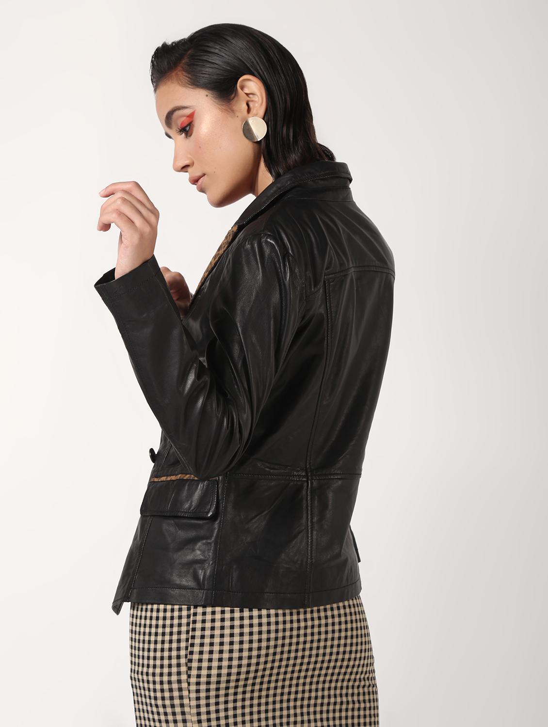 lapel neck long sleeved leather jacket - 16682497 - Zoom Image - 3