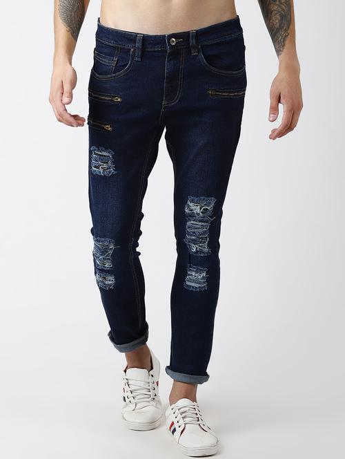 blue light washed distressed denim jeans - 16685995 - Standard Image - 1