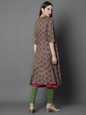 solid a-line kurta with printed jacket kurta - 16687129 - Standard Image - 3