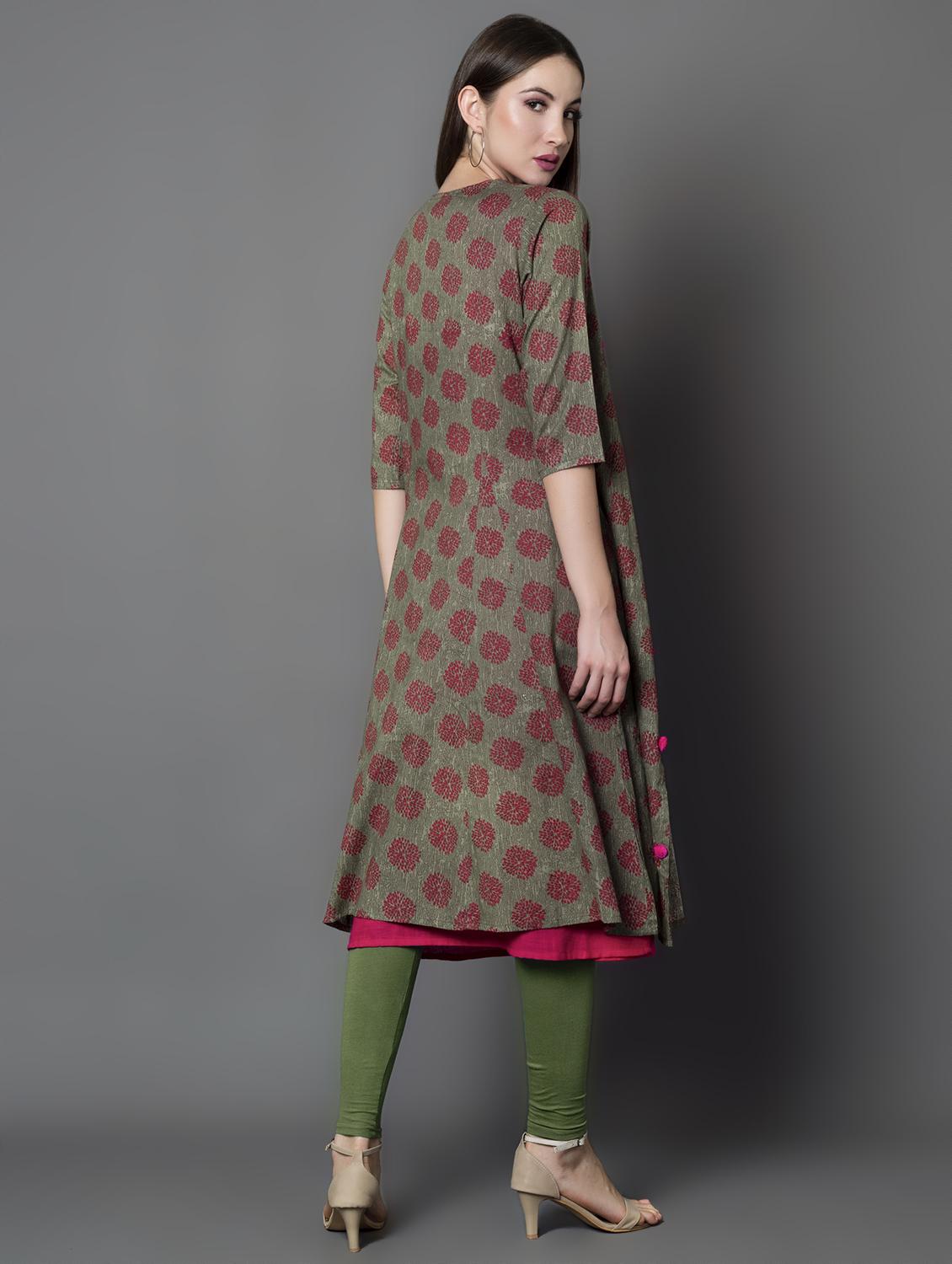 solid a-line kurta with printed jacket kurta - 16687129 - Zoom Image - 3