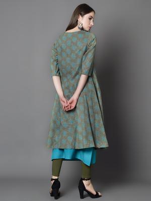 solid a-line kurta with printed jacket kurta - 16687130 - Standard Image - 3