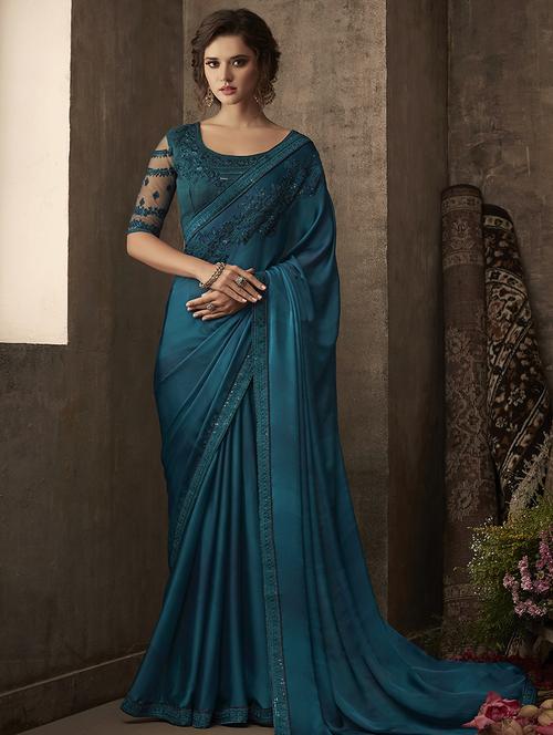 turquoise silk embroidered saree with blouse - 16687498 - Standard Image - 1