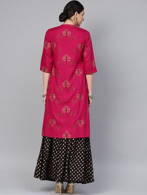fuchsia block printed kurta with palazzo set - 16692820 - Standard Image - 3
