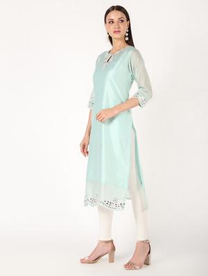 mirror work solid straight kurta - 16694374 - Standard Image - 3