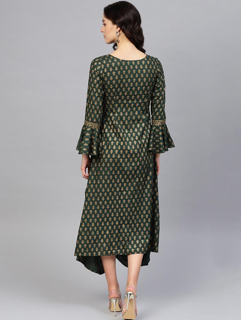 bell sleeved block print asymmetric dress - 16694719 - Zoom Image - 3