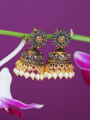 blue gold plated jhumka earring - 16697966 - Standard Image - 3