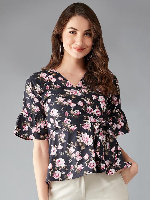 tie knot bell sleeved floral top - 16698801 - Very Small Image - 1