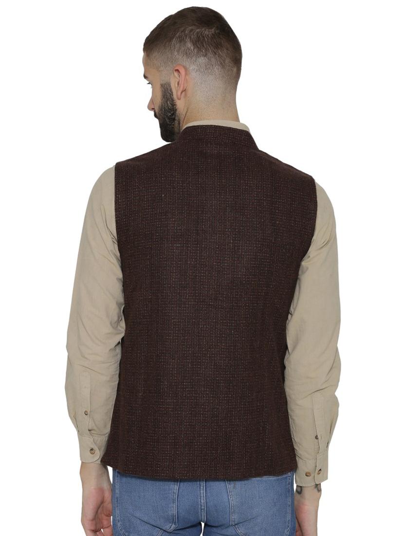 brown checkered nehru jacket - 16699623 - Zoom Image - 3