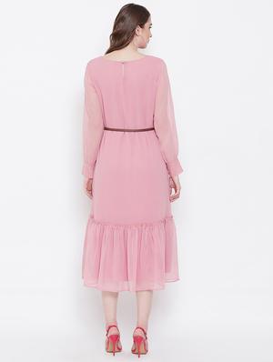 gathered hem embroidered a-line dress with belt - 16700250 - Standard Image - 3